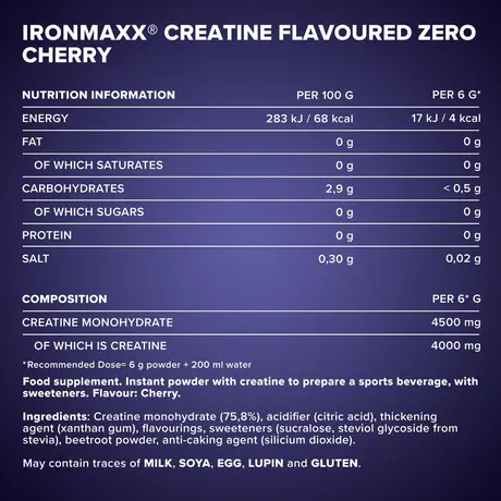 Κρεατίνη IronMaxx Creatine Flavoured Zero 500gr Cherry Κρεατίνη IronMaxx Creatine Flavoured Zero 500gr Cherry