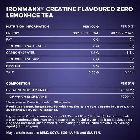 Κρεατίνη IronMaxx Creatine Flavoured Zero 250gr Wild Berries